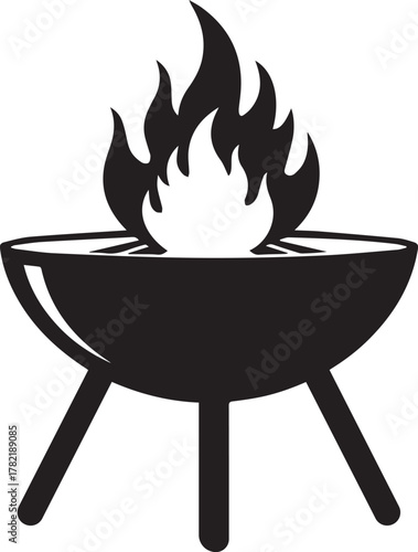 Stylized silhouette of a classic charcoal barbecue grill with vibrant flames erupting from the burning coals perfect for summer cookouts and outdoor dining