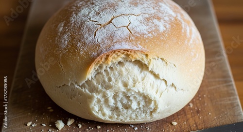 Freshly Baked Round Loaf of Bread on a Wooden Cutting Board.