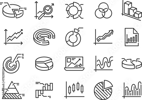 Analytics icons. Set of 20 analytics trendy minimal icons. Pie, Bar, Line, Graph, Dashboard icon. Design signs for web page mobile app packaging design. Vector illustration