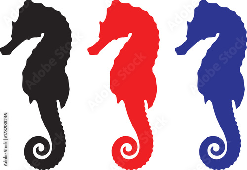 Three stylized seahorse silhouettes in black red and blue against a white background representing marine life and ocean creatures