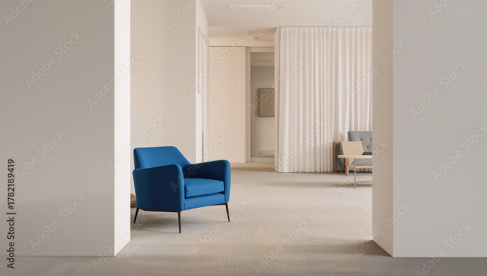 Fototapeta premium A stylish blue armchair rests on the floor, ideal for writing tasks