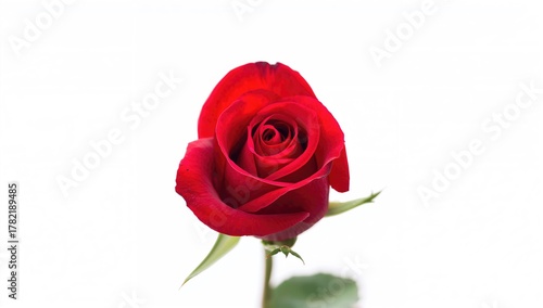 A red rose with soft petals on a crisp white background, ideal for editorial header background