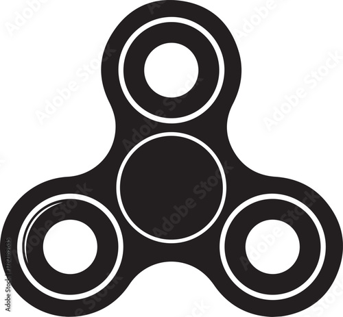 Simple black silhouette of a three pronged fidget spinner toy with a central bearing and three outer rings isolated on a white background