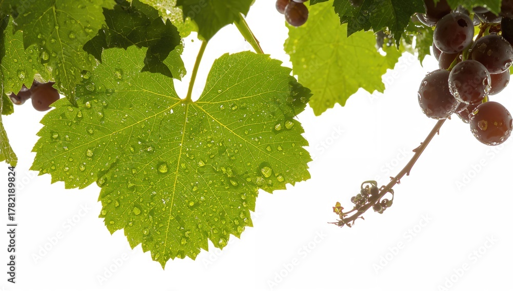 Naklejka premium Grape leaves adorned with dew droplets following rainfall, showcasing freshness