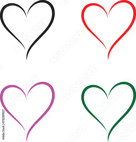 Four hand drawn heart shapes in different colors black red pink and green representing love romance and affection on a white background