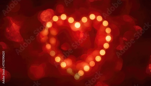 Blurred heart-shaped lights inspired by nature with a red floral abstract backdrop, perfect for romantic occasions.