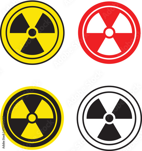 Four distinct radiation warning symbols in yellow black red and white outlines representing nuclear hazard danger and atomic energy safety alerts