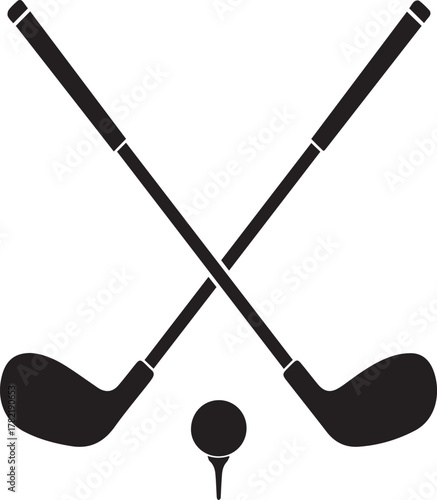 Two crossed golf clubs and a golf ball on a tee create a classic silhouette representing the sport of golf and its equipment