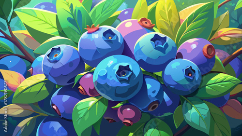 Very beautiful close-up view of wild Maine blueberries nestled among fresh green leaves, featuring rich vibrant colors, soft daylight, and a serene realistic nature scene showcasing natural abundance.