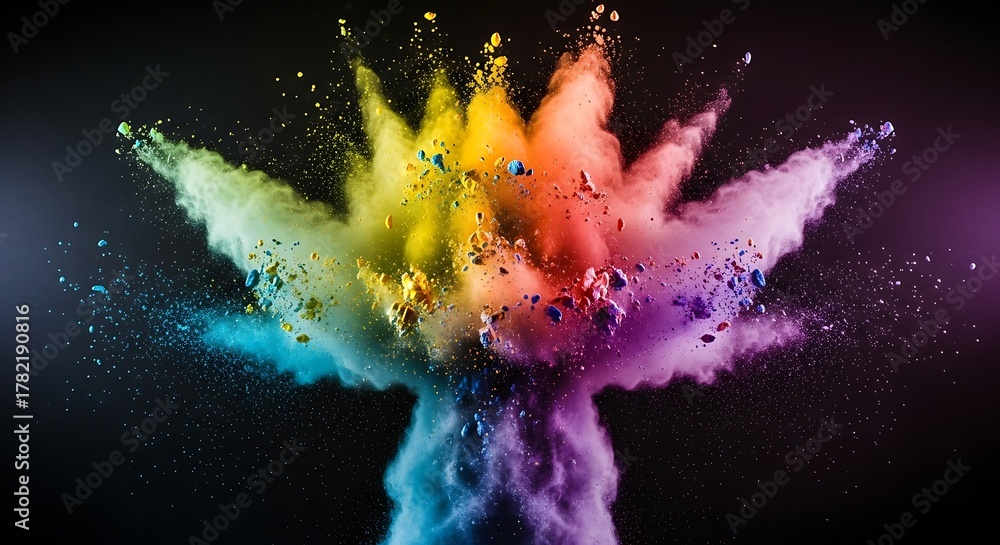 Fototapeta premium Explosion of Vibrant Rainbow Colored Powder Against a Dark Background.