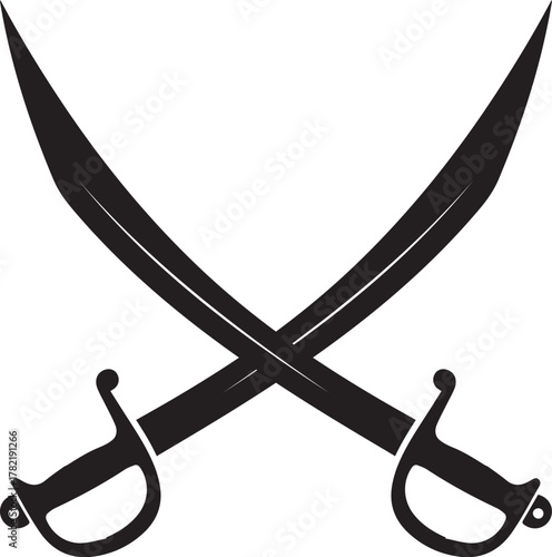 Two antique crossed sabers or cutlasses in a dramatic black and white illustration on a plain white background symbolizing adventure and danger