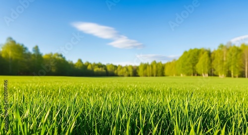 Fototapeta Naklejka Na Ścianę i Meble -  Lush Green Grass Field Foreground Blue Sky Landscape