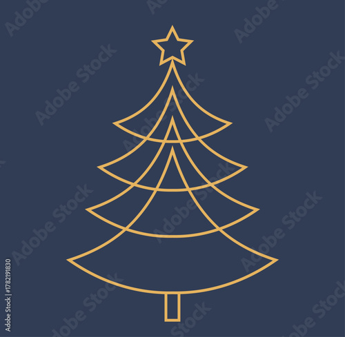 Christmas tree with star gold line shape on blue dark background. Vector illustration.