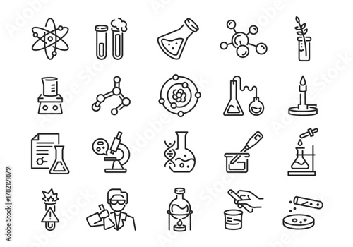 Chemistry icons. Set of 20 chemistry trendy minimal icons. Atom, Microscope, Flask, Molecule, Testtube icon. Design signs for web page mobile app packaging design. Vector illustration