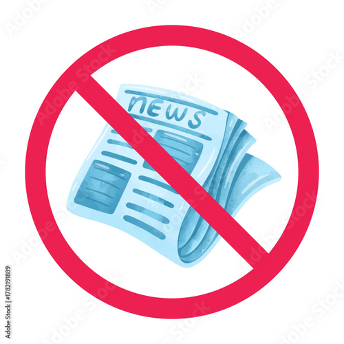 No newspaper sign, forbidden sign with newspaper icon, stop fake news, no mainstream media sign, red crossed circle symbol, vector illustration