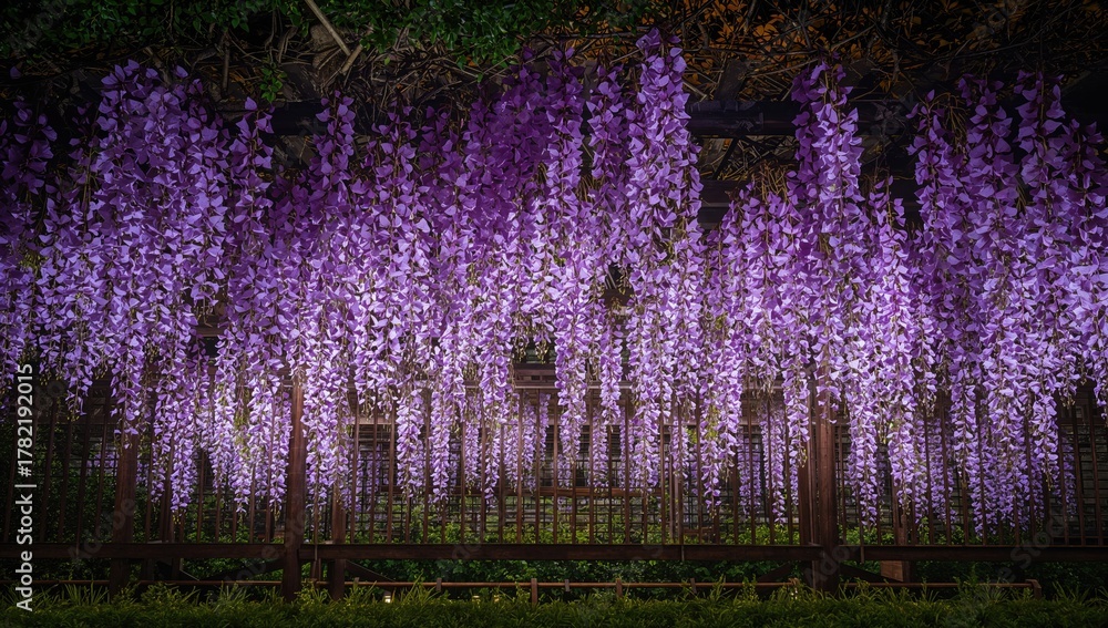 Naklejka premium Stunning purple and pink wisteria trellis illuminated at night, seasonal change