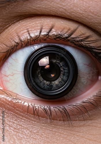 Close up of human eye with camera lens as pupil.