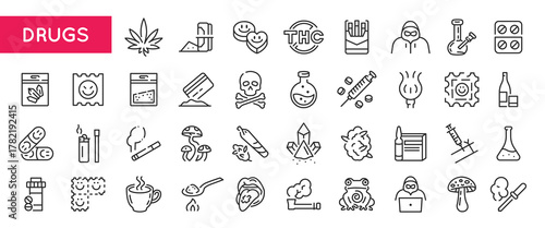 Drugs icons. Large set of drugs trendy minimal icons. Pill, Syringe, Smoke, Leaf, Lab, Powder, Bottle icon. Design signs for web page, mobile app, packaging design. Vector illustration