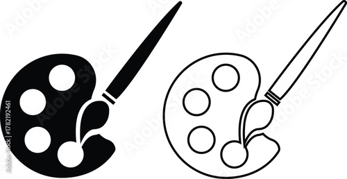 Painting brush and palette icons set, art tool collection, creative equipment group, black flat and line style vector illustration, artist drawing symbol collection isolated on transparent background