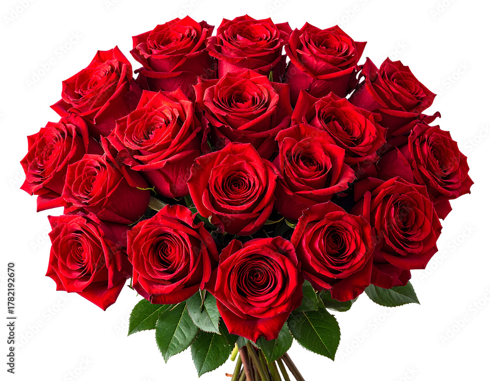 Obraz premium Vivid bouquet of red roses arranged elegantly for romantic floral display, isolated on a transparent background, PNG