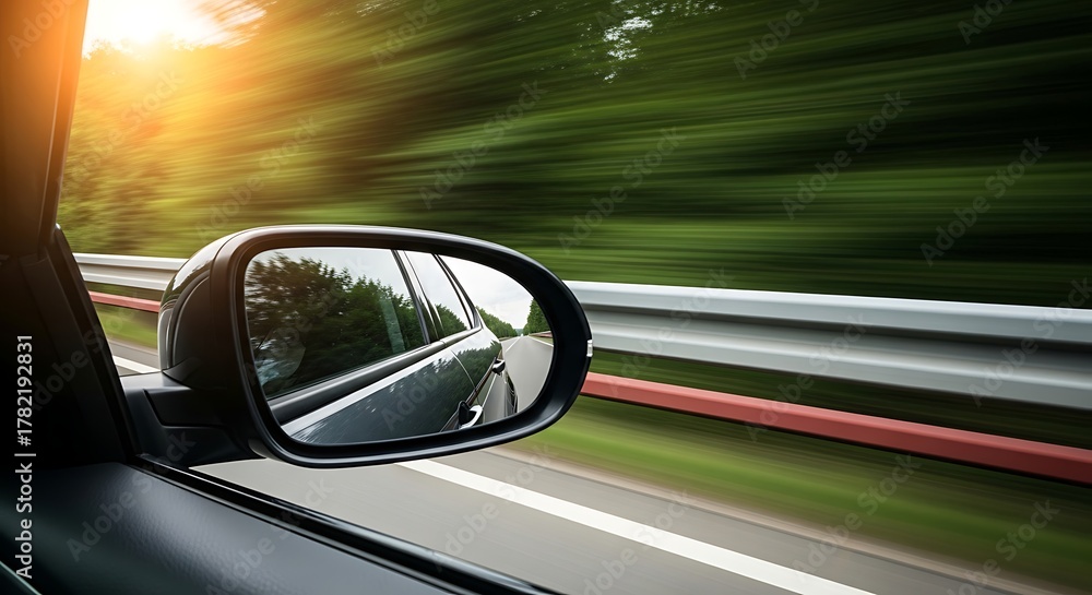 Fototapeta premium View from car window showing side mirror and blurred trees during sunset