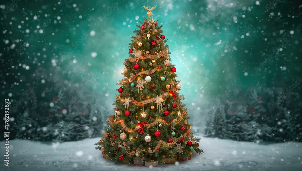 Obraz premium Christmas Tree adorned with ornaments, seasonal cheer, vibrant hues, festive atmosphere, holiday spirit