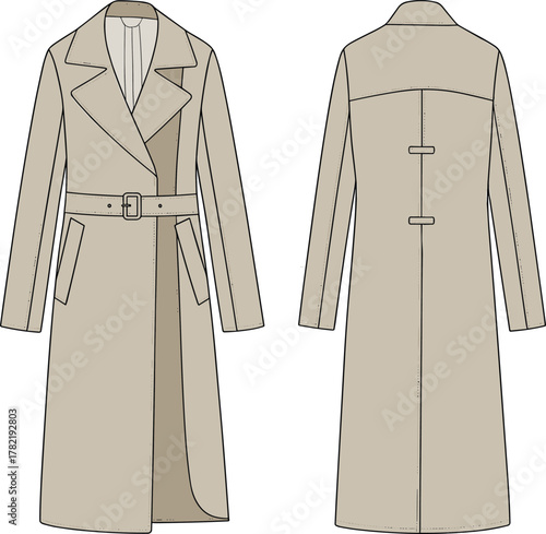 Beige trench coat fashion flat sketch, front and back view, belted design, cad drawing flat vector illustration
