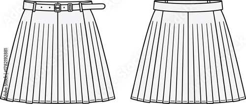 Black and white pleated skirt fashion flat sketch with belt and waistband, sewing pattern, CAD drawing vector illustration