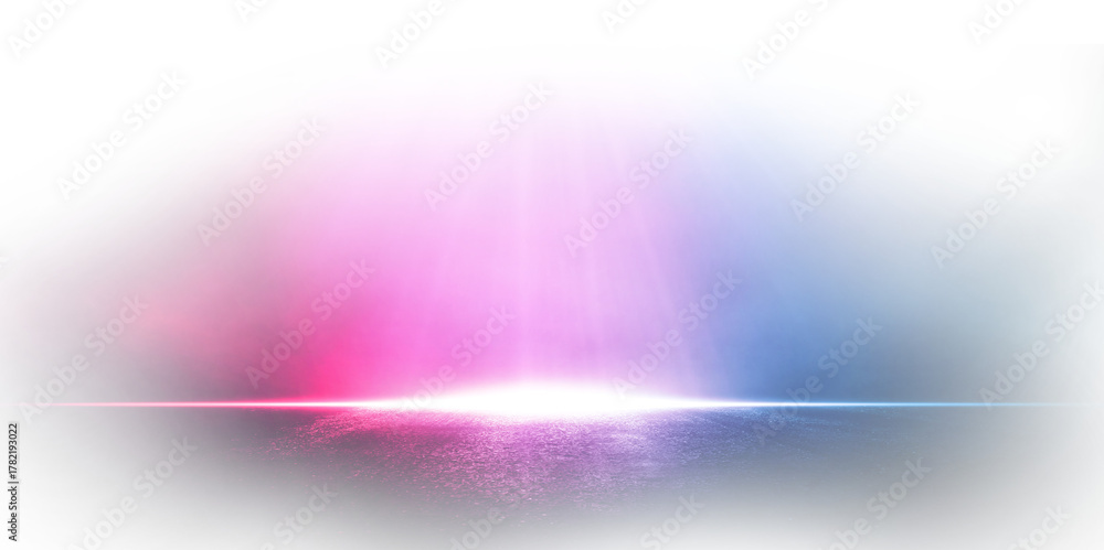 Obraz premium Transparent rays neon light on neon brick wall. Empty scene. Neon reflections on wet asphalt png. 