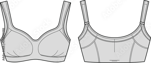 Bra technical fashion sketch with adjustable straps and seam details, lingerie apparel design, cad drawing flat vector illustration