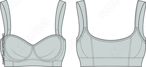 Bra technical fashion sketch front and back view, lingerie apparel design, cad drawing flat vector illustration