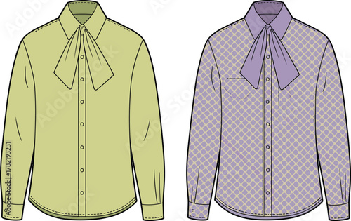 Cad drawing flat vector illustration, technical blouse sketch front view with collar, bow tie, patterned fabric design