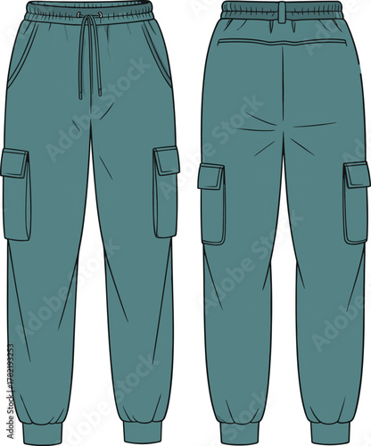Cad drawing flat vector illustration, technical cargo jogger pants sketch front and back view with flap pockets