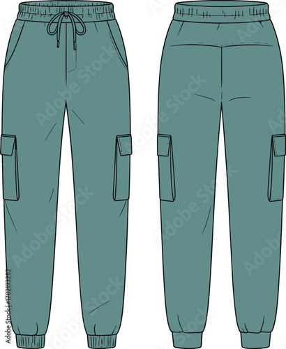 Cad drawing flat vector illustration, technical cargo jogger pants sketch front and back view with flap pockets