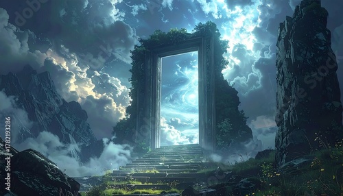 Ruined stone portal on grassy steps, offering a view of swirling light amid dramatic sky