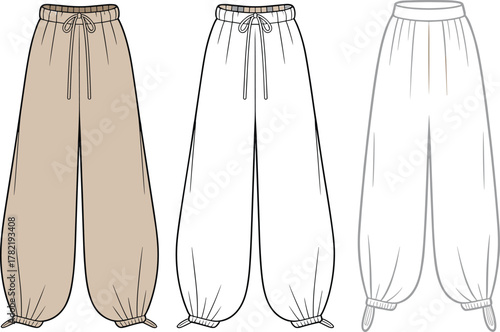 Cad drawing flat vector illustration, technical jogger pants sketch front and back view with adjustable drawstring design