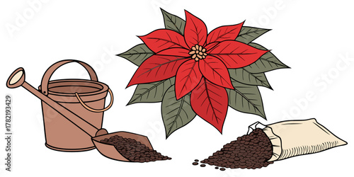 Illustration of a poinsettia plant with gardening tools and a bag of soil