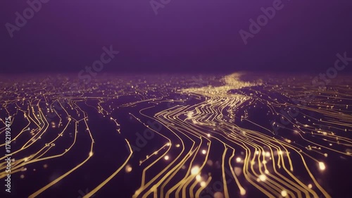Abstract Network of Glowing Lines and Lights in a Digital Landscape.