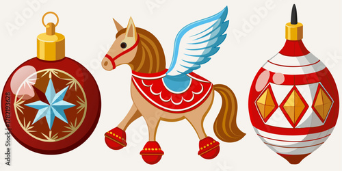 Christmas ornaments featuring a winged horse and star patterned bauble design