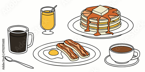 Illustration of a breakfast with pancakes, bacon, eggs, coffee and orange juice