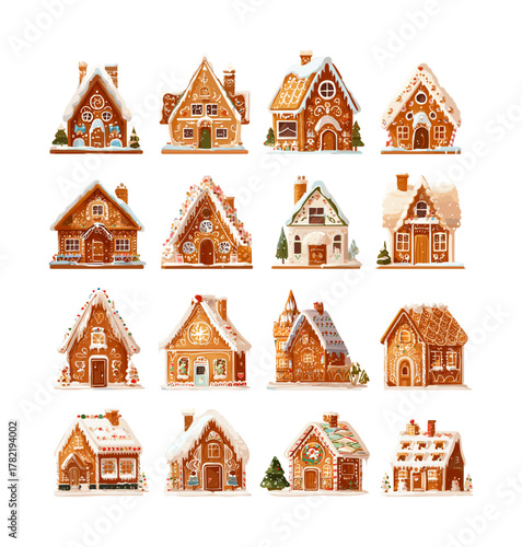 Gingerbread house cartoon vector set. Sweet dessert cookie baked icing candy snow roof sugar gala wintertime food christmas holiday winter festive year traditional homemade snacks isolated