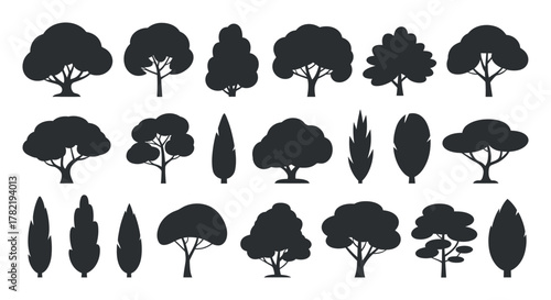 Collection of trees silhouettes representing diverse species vegetation and ecological themes ideal for landscape and forestry design