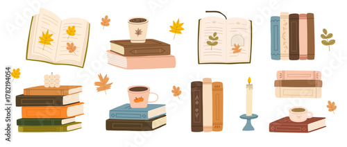 Book piles set with coffee, tea, candles and leaves. Cozy autumnal reading atmosphere. Flat vector illustration.