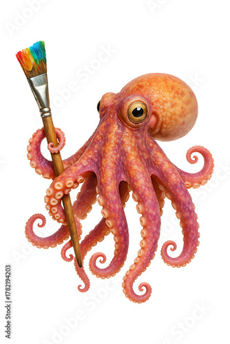 Vibrant Octopus Holding Paintbrush Isolated on a Transparent Background