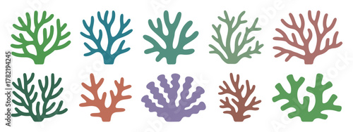 Collection of various multicolored stylized sea corals vector illustration in different shape isolated on white background design