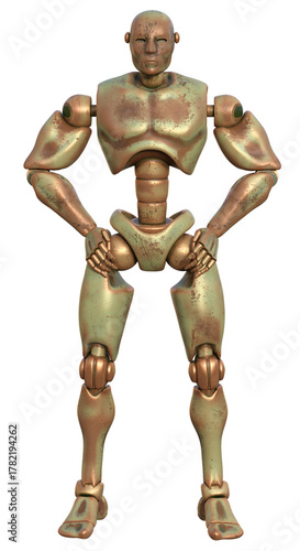 Rusty metal humanoid robot with muscular torso and articulated joints standing in akimbo pose. 3d rendering on transparent background, no AI used