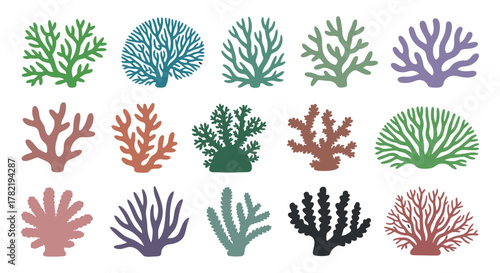 Set of various multicolored stylized sea corals vector illustration in different shape isolated on white background design underwater