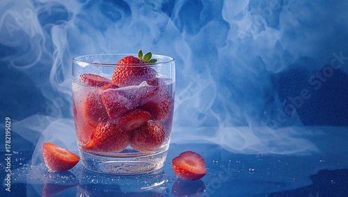 Fototapeta Naklejka Na Ścianę i Meble -  Blue smoky backdrop enhances vibrant red strawberries in a refreshing summer beverage, seasonal enjoyment