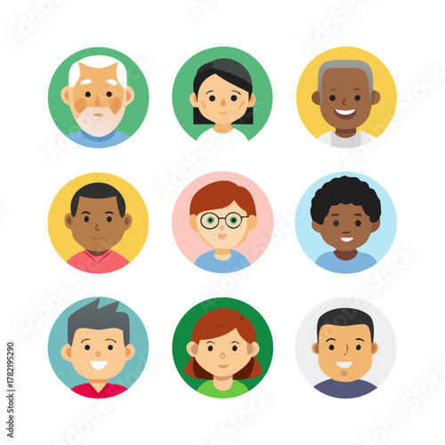 Set of persons, avatars, people heads of different ethnicity and age in flat style. Multi nationality social networks people faces collection.
