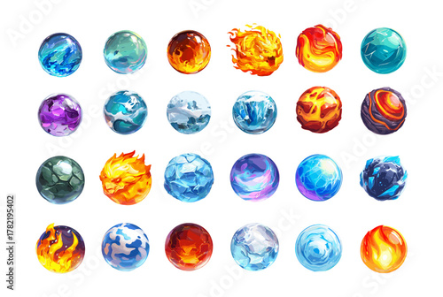 Magic element orb cartoon vector set. Fire water ice wind earth cosmos energy spheres different powers glowing glossy crystal balls spiritual alchemy sorcery power game asset isolated illustration